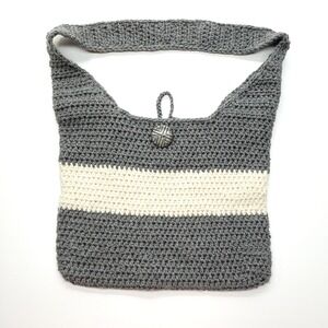 Handmade Crochet‎ Purse Gray Ivory Button Closure Hippie Boho Tote